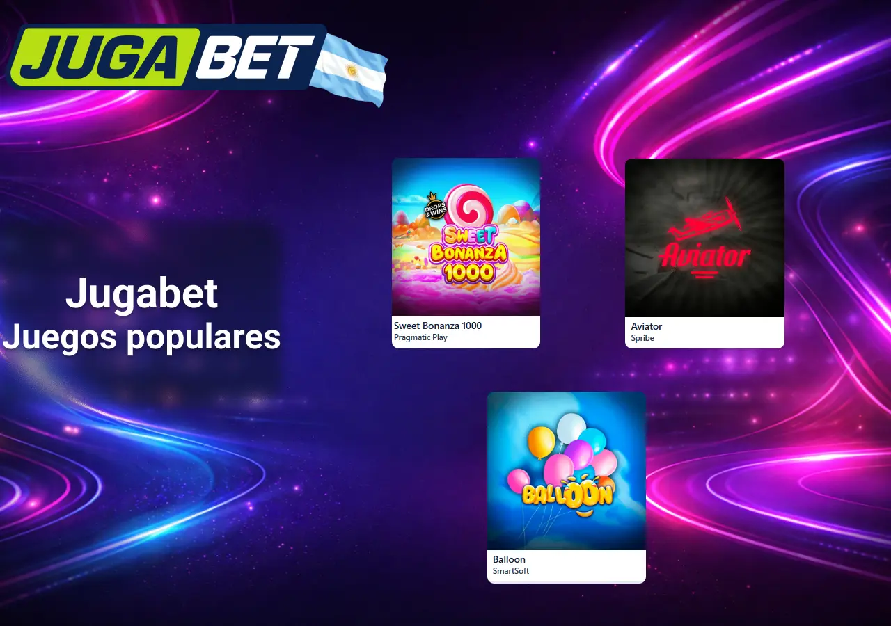Jugabet Argentina juegos populares en la app como Sweet Bonanza, Aviator y Balloon